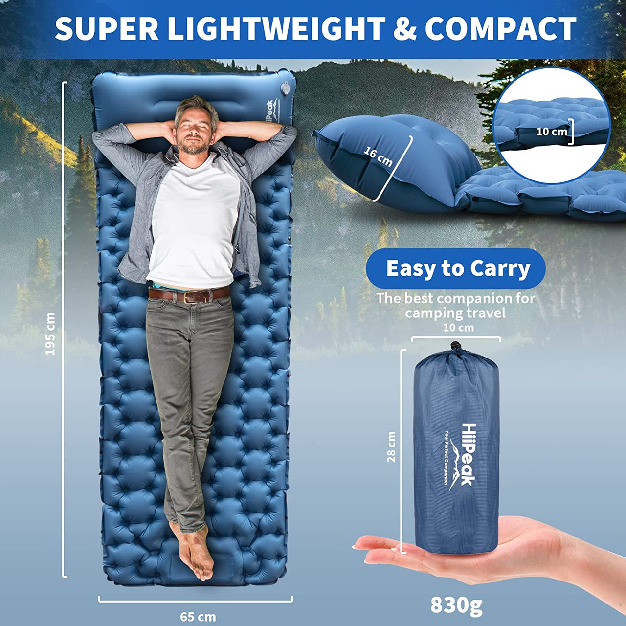 Sleeping Pad - Ultralight Inflatable Sleeping Mat with Built-In Foot Pump, Durable Compact Waterproof Camping Air Mattress for Camping, Backpacking, Hiking, Tent Trap Traveling