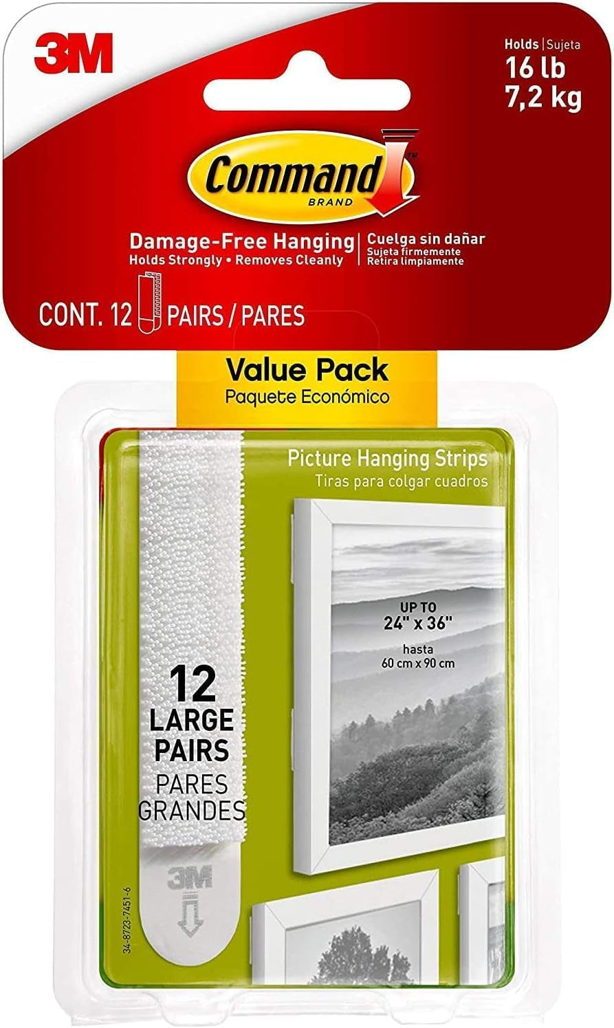 Picture & Frame Hanging Strips Value Pack, Large, White - 12 Pairs (24 Strips) - Damage Free Hanging - for Pictures, Frames, Mirrors, Wall Décor and Signs