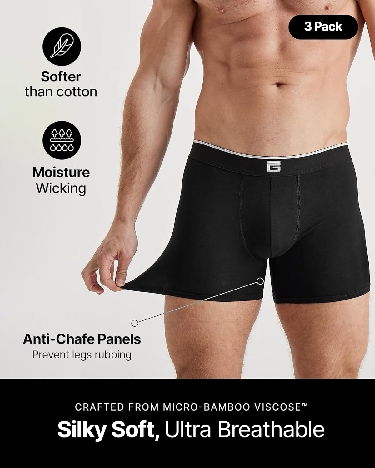 Mens Boxers Bamboo anti Chafing Soft Comfortable Boxer Briefs Longer Leg - Boxer Shorts Multipack - Moisture Wicking Technology