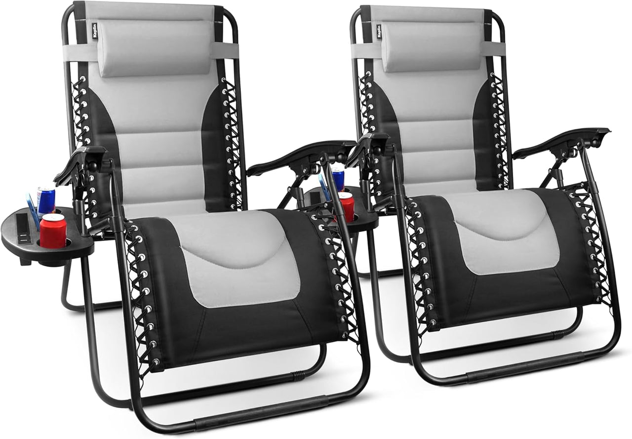 Set of 2 XXL Premium Heavy Duty Textoline Zero Gravity Chairs - Luxurious Garden Recliners, Adjustable Headrest, Cup & Phone Holder, Foldable & Easy to Clean Patio Sun Loungers (Grey)