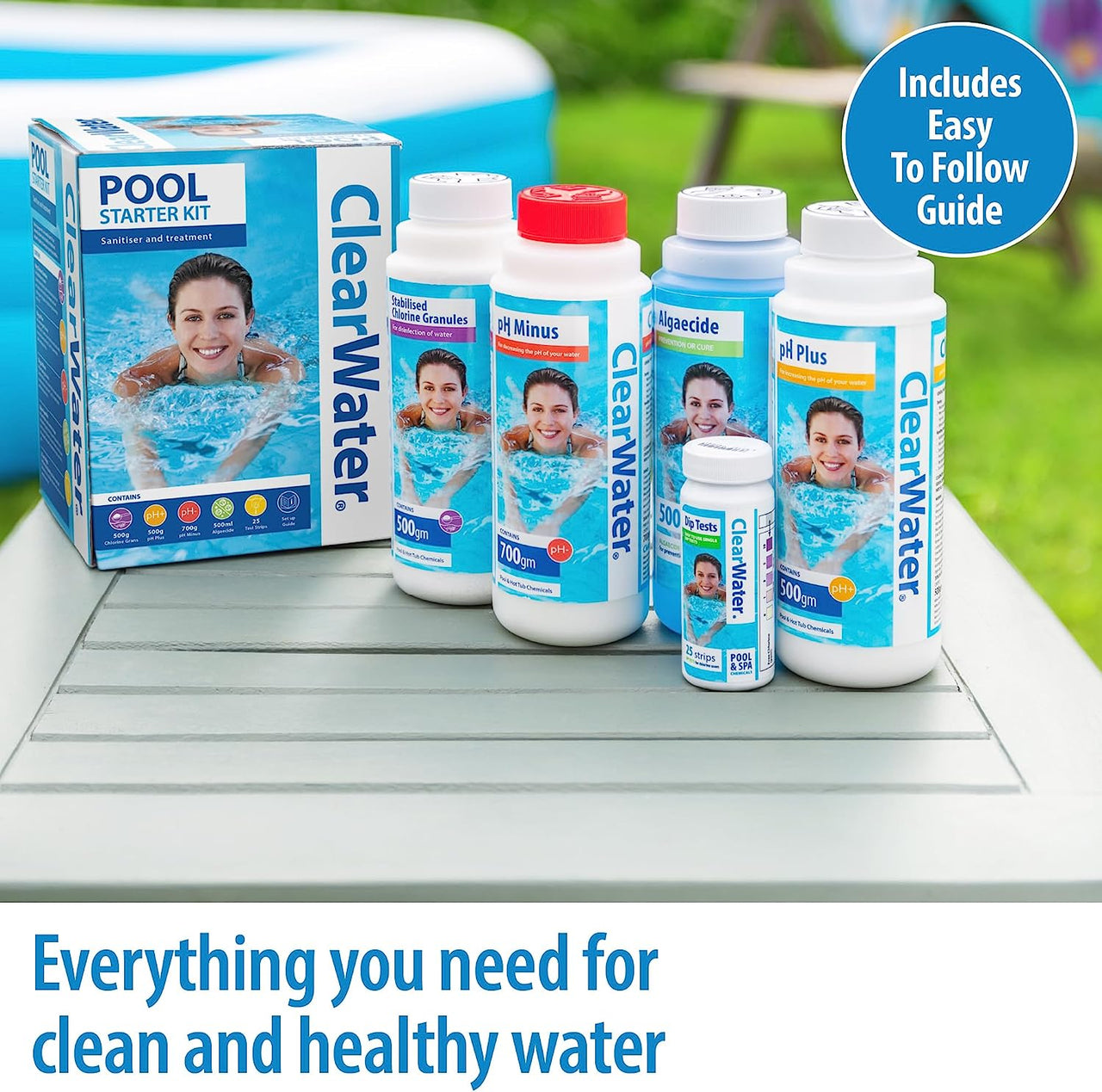 CH0017 Pool Chemical Starter Kit for above Ground Pool and Paddling Pool Water Treatment (Includes Chlorine, Ph Minus, Ph Plus, Algaecide and Test Strips)