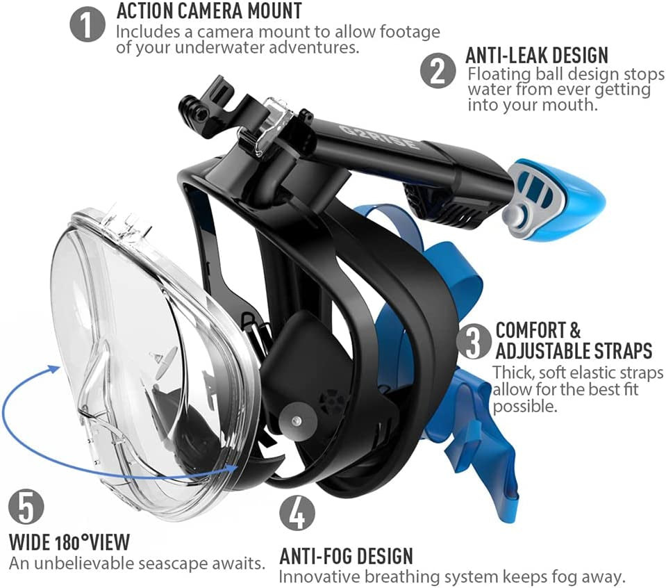 SN01 Full Face Snorkel Mask with Detachable Camera Mount, Anti-Fog and Foldable Design, Advanced Breathing System for a Safe Adults/Kids Snorkeling Experience