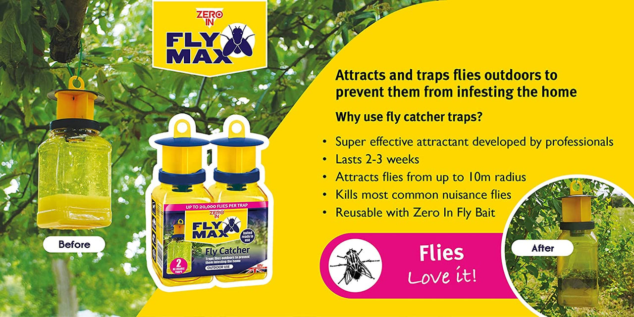 Fly Max Re-Usable Fly Catcher – Twinpack Effective Fly Trap, Refillable Insect Attractant for Outdoor Use Covers up to 10M Radius, Yellow