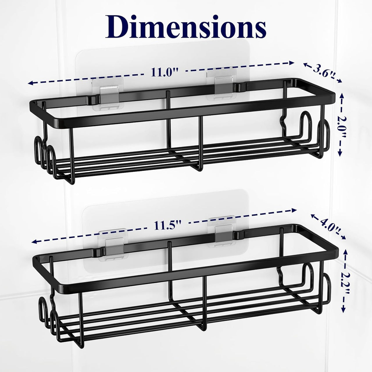 Shower Caddy - 2 Pack Rustproof Shower Organizer, Drill-Free & Quick-Dry Shower Shelves for inside Shower with Large Capacity, Durable Stainless Steel Shower Rack with 4 Hooks, Black