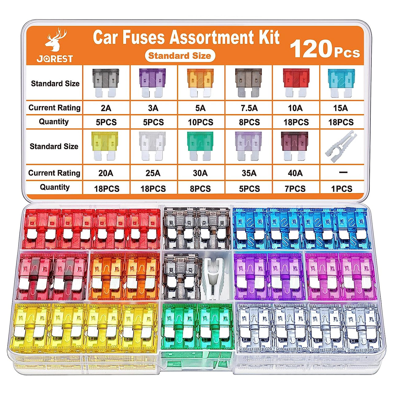 120Pcs Car Fuse Kit - Replacement Fuses Assortment Kit for Car/Rv/Truck/Motorcycle(2Amp 3A 5A 7.5A 10A 15A 20A 25A 30A 35A 40A) - Standard Blade Fuses Automotive + Auto Fuse Puller