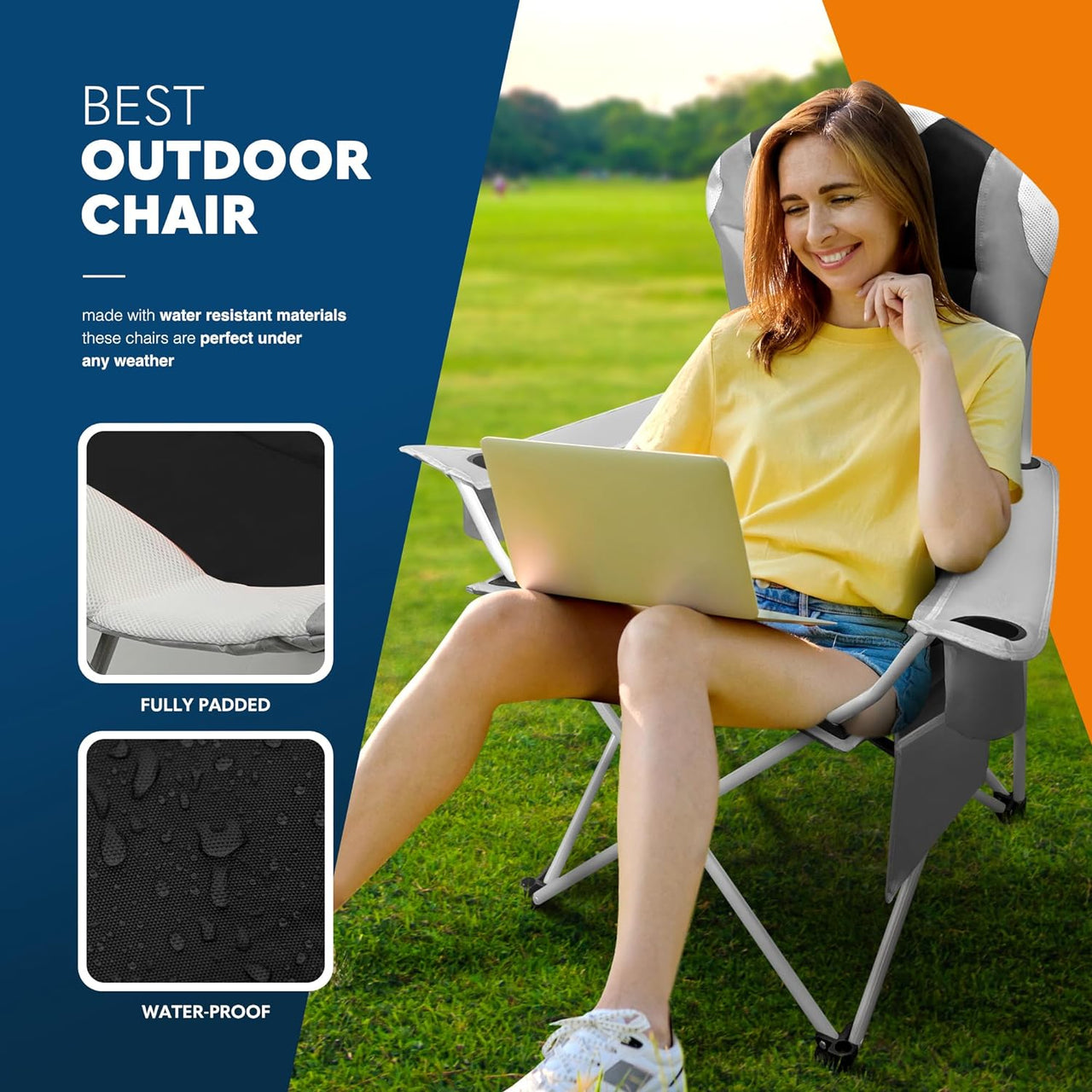 2 Pack Outdoor Camping Chair Set,120Kg Capacity, 3.3Kg per Chair, Waterproof Folding Chairs with Cup Holder & Side Pockets, Portable Chair for Garden, Fishing, Picnic Camping & Travel Comfort