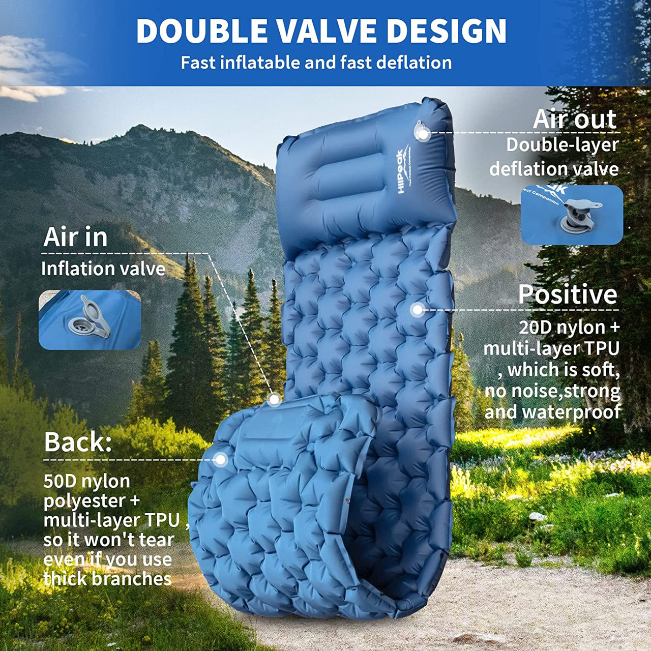 Sleeping Pad - Ultralight Inflatable Sleeping Mat with Built-In Foot Pump, Durable Compact Waterproof Camping Air Mattress for Camping, Backpacking, Hiking, Tent Trap Traveling