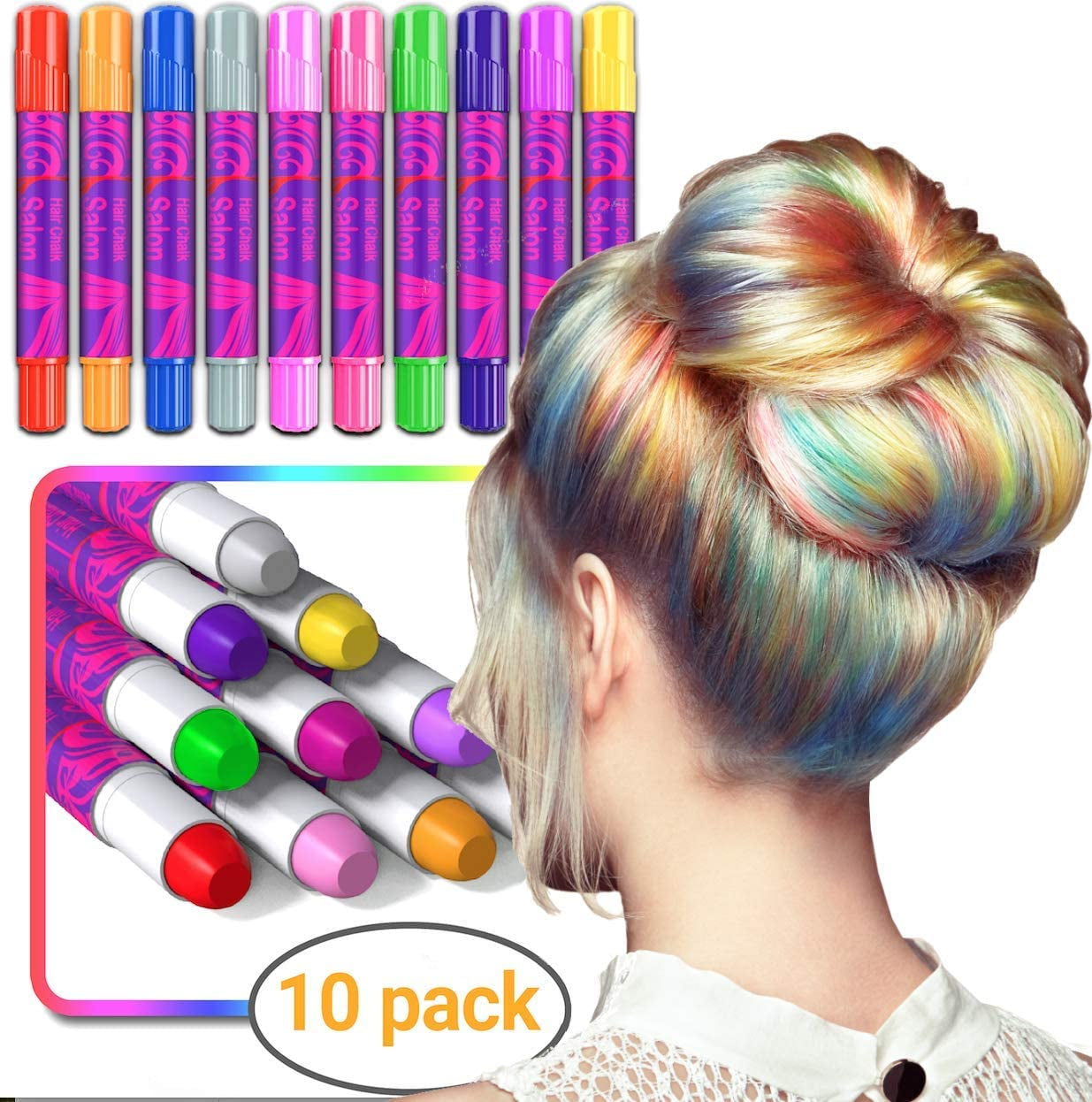 Hair Chalk Gift for Girls - 10 Temporary Non-Toxic Easy Washable Hair Dye Colourful, Metallic, Glitter Pens - Great Games Birthday Girls