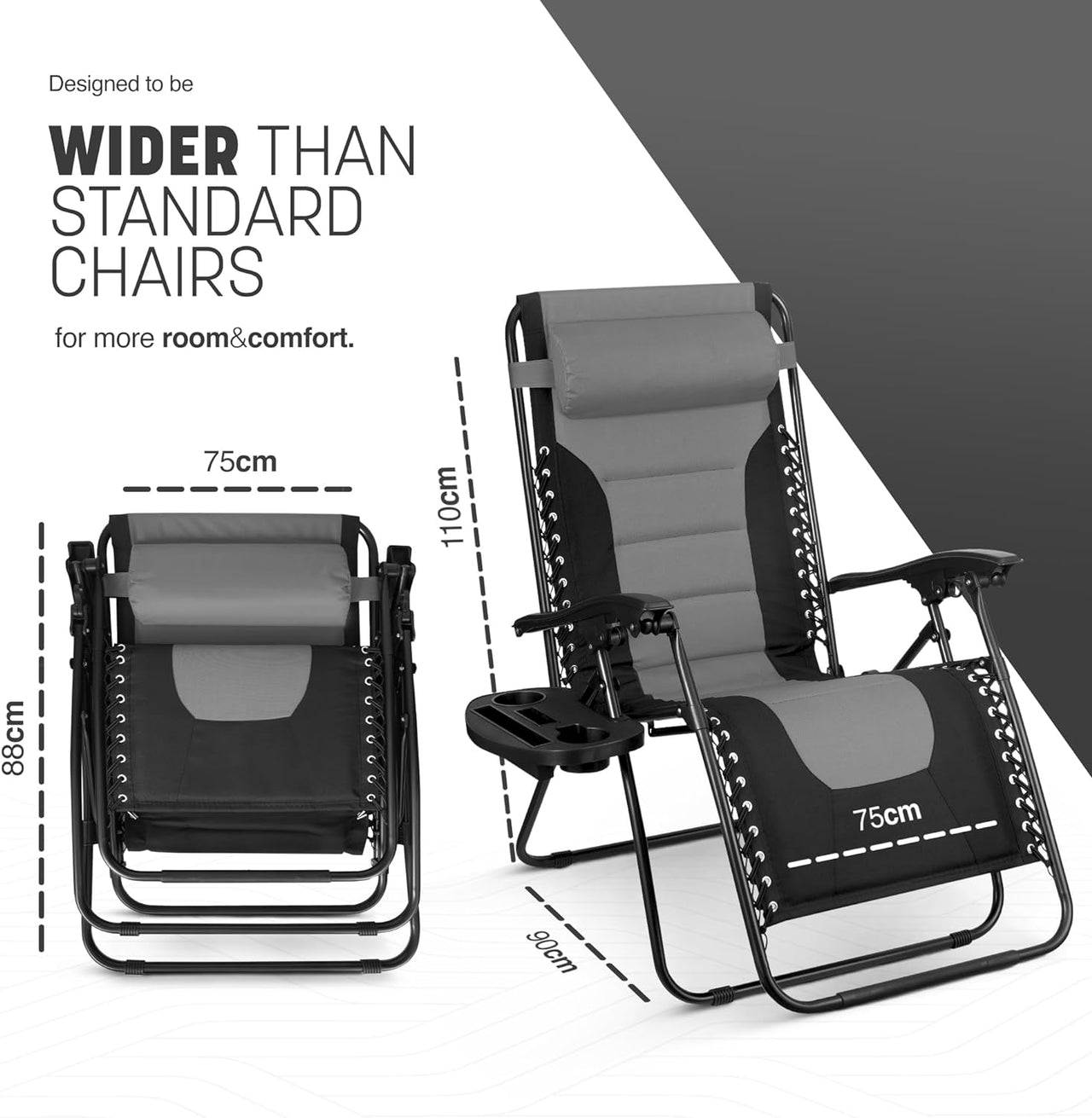 Set of 2 XXL Premium Heavy Duty Textoline Zero Gravity Chairs - Luxurious Garden Recliners, Adjustable Headrest, Cup & Phone Holder, Foldable & Easy to Clean Patio Sun Loungers (Grey)