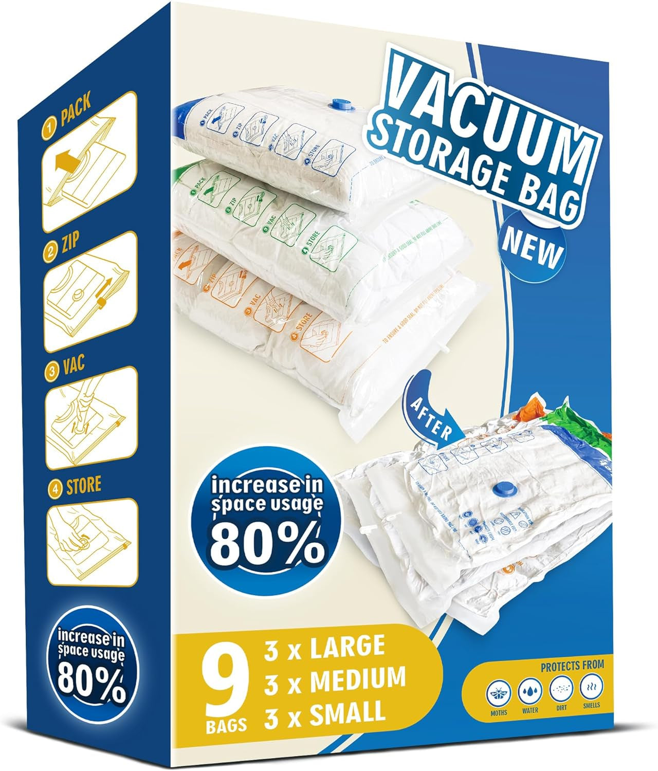 Space Saver Bags for Travel and Home Reusable Vacuum Storage Bags save 80% More Storage Space Work with Vacuum Cleaner (9 Combo, No Pump Included)