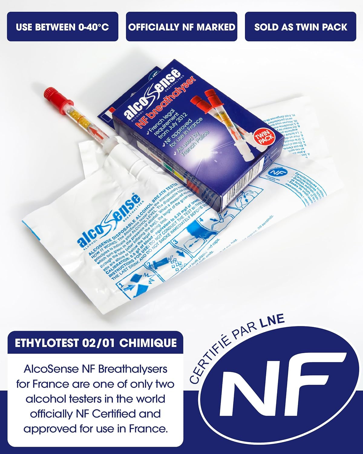 French NF Certified Breathalyzers for France & European Travel - Certified by National Laboratory of France - Breathalyser Twin Pack - NF Approved Alcohol Tester - European Breathalyser Kit