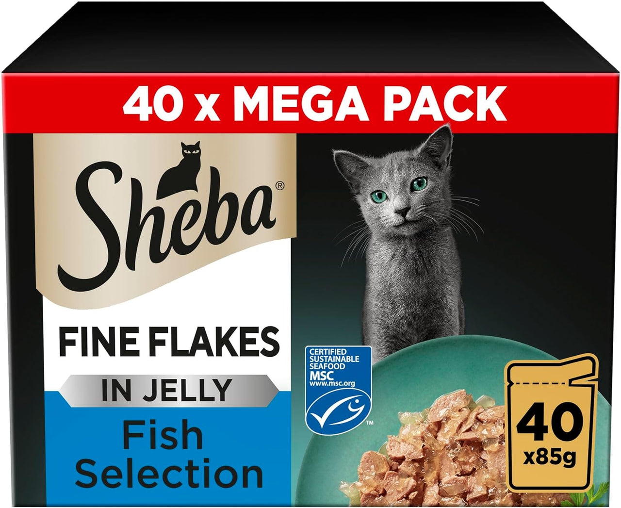 Fine Flakes in Jelly – Fish Collection – Wet Cat Food Pouches for Adult Cats – 85 G (Pack of 40)