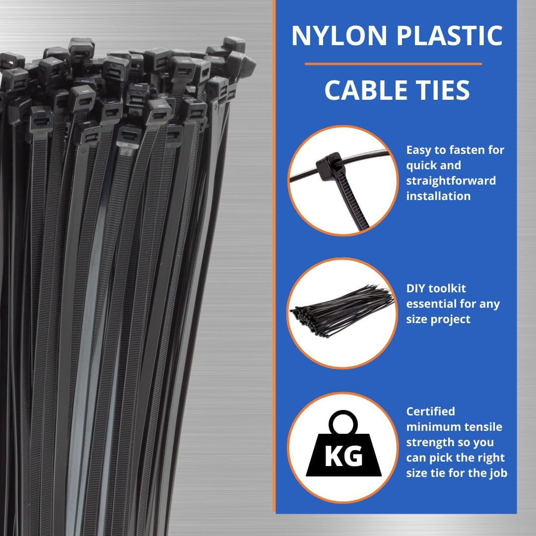 Black Cable Ties, 300Mm X 3.6Mm, Pack of 100, 12" Premium Nylon Zip Ties, Multi-Purpose Plastic Tie Wraps, Secure Self-Locking Mechanism, for Home, Garden, Office and DIY