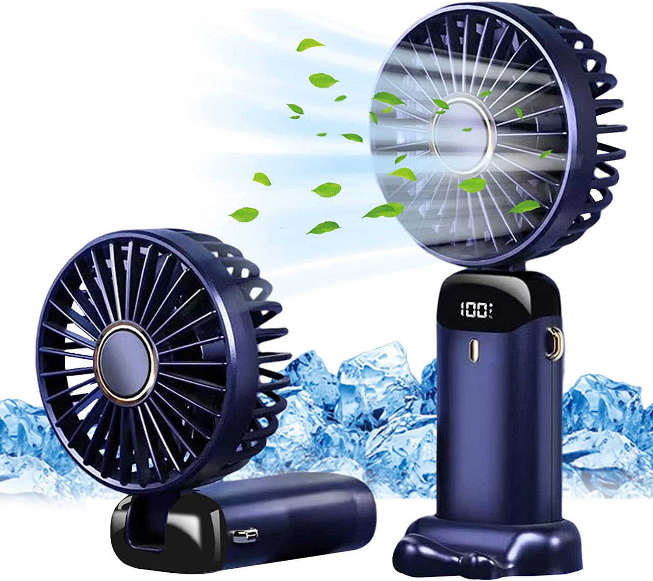 Hand Held Fan,Portable Handheld USB Rechargeable Fans with 5 Speeds,Battery Operated Mini Fan Foldable Desk Desktop Fans with LED Display for Home Office Bedroom Outdoor Travel (Darkblue)