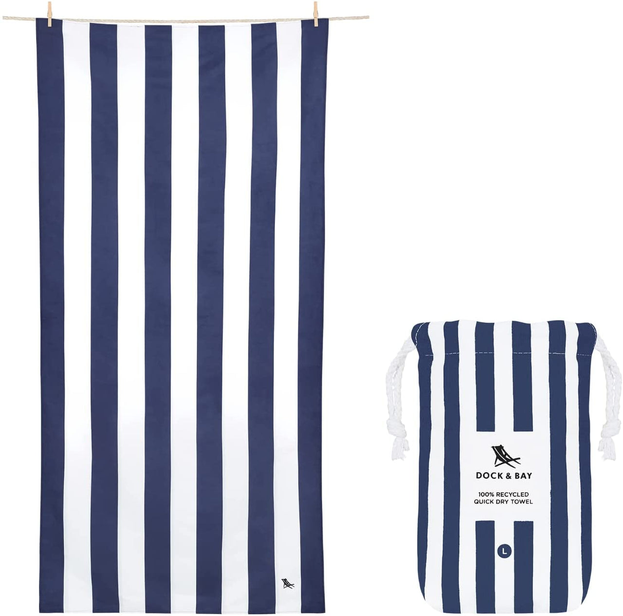 Beach Towel - Quick Dry, Sand Free - Compact, Lightweight - 100% Recycled - Includes Bag - Cabana - Whitsunday Blue - Large (160X90Cm, 63X35)