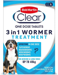 Thumbnail for Clear 3-In-1 Wormer for Dogs (4 Tablets) - for Small, Medium and Large Dogs up to 40Kg, Clinically Proven Treatment