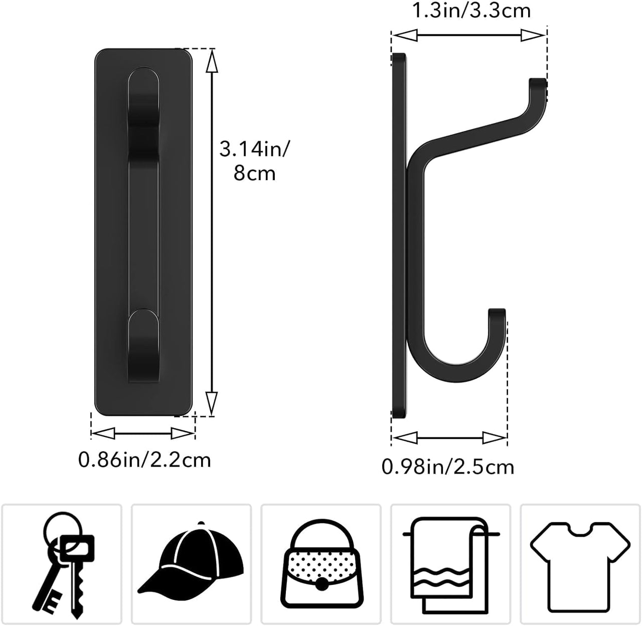 Self Adhesive Hooks, Sticky Hooks Extra Strong, Hanging up to 6KG, Metal Stainless Heavy Duty Stick on Wall Door, for Towel Coat Hat Purse in Bathroom Shower Kitchen, Black, 4 Pack