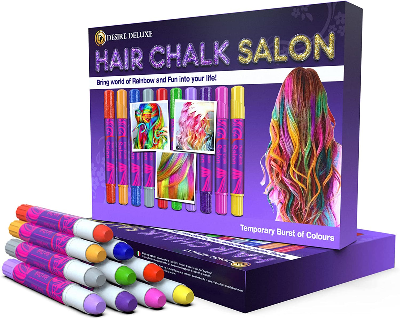 Hair Chalk Gift for Girls - 10 Temporary Non-Toxic Easy Washable Hair Dye Colourful, Metallic, Glitter Pens - Great Games Birthday Girls