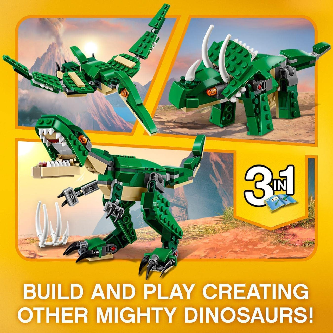 31058 Creator Mighty Dinosaurs Toy, 3 in 1 Model, T. Rex, Triceratops and Pterodactyl Dinosaur Figures, Gifts for 7-12 Year Old Kids, Boys & Girls