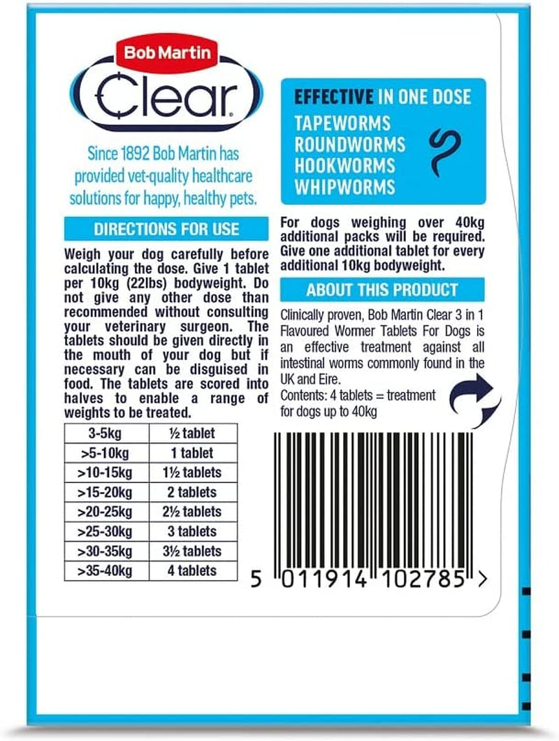 Clear 3-In-1 Wormer for Dogs (4 Tablets) - for Small, Medium and Large Dogs up to 40Kg, Clinically Proven Treatment