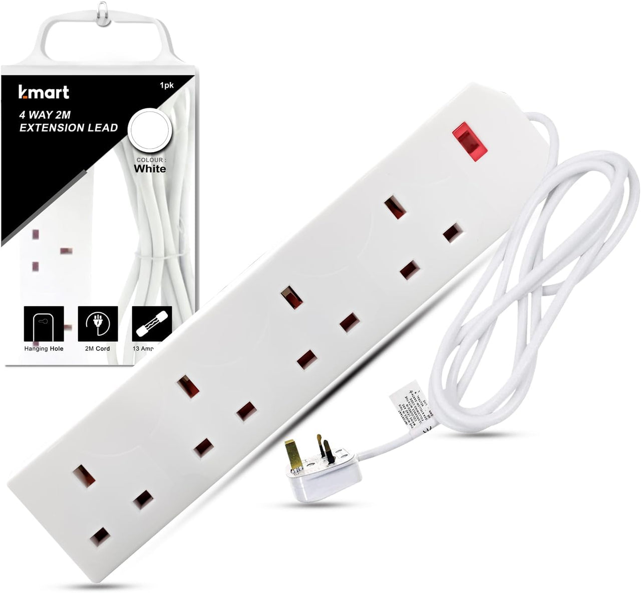 Heavy Duty Extension Lead UK Pin Plug and Cable, 4 Gang Way 2M Power Adapter, Multi Socket Mains Strip (White, 1 Pack)