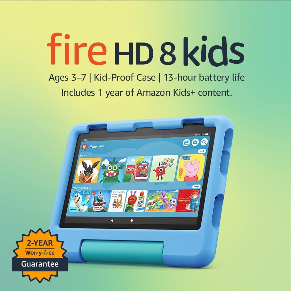 Fire HD 8 Kids Tablet | 8-Inch HD Display, Ages 3–7, Includes 2-Year Worry-Free Guarantee, Kid-Proof Case, 32 GB, 2022 Release, Blue