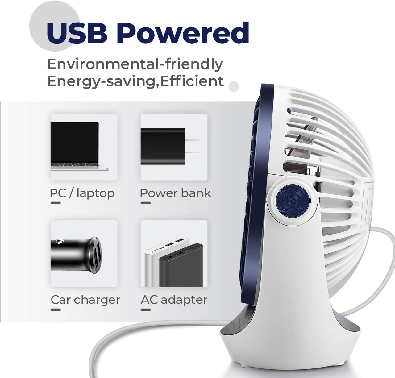 USB Desk Table Fan with Strong Airflow & Quiet Operation, Portable Cooling Fan Speed Adjustable 360°Rotatable Head for Home Office Bedroom Table and Desktop