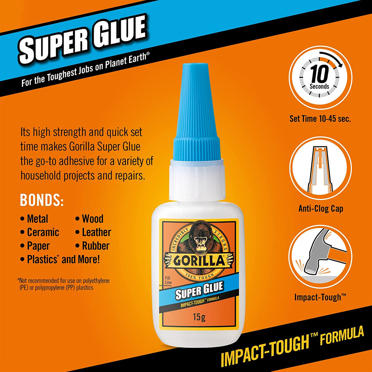 Super Glue, 15G – All Purpose, Impact Tough & Fast Setting with Anti-Clog Cap Ideal for Metal, Ceramics, Leather & More