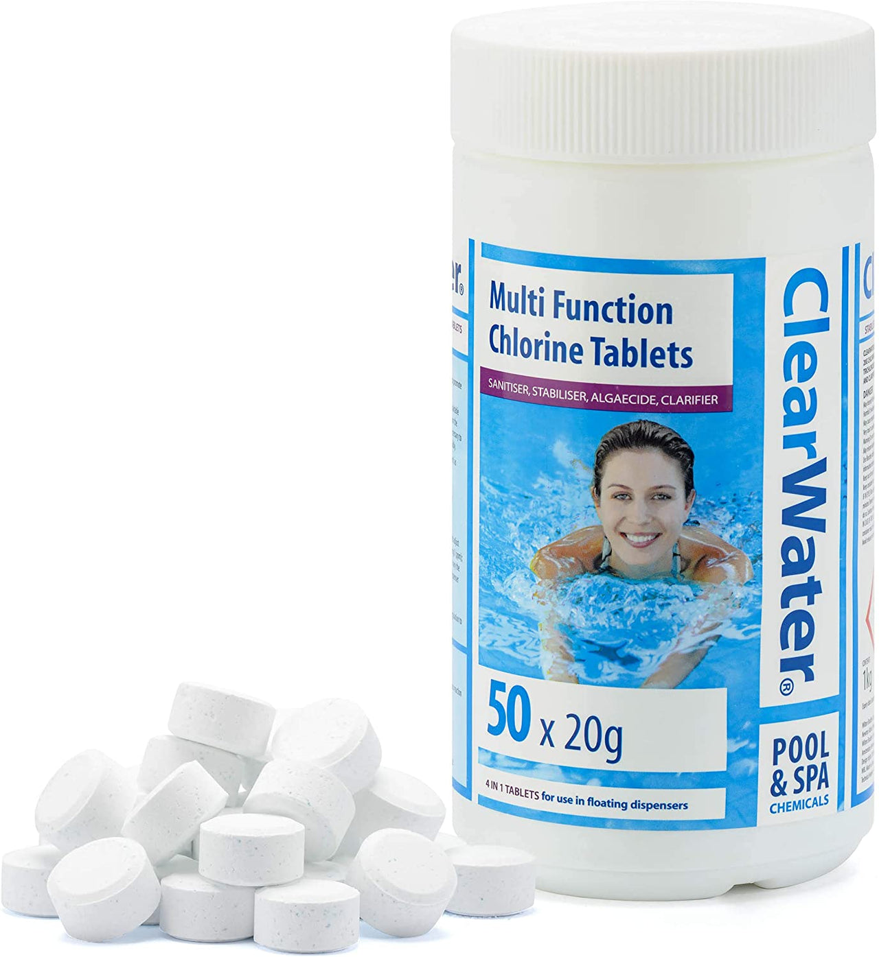 CH0019 1 Kg Multifunction Chlorine Tablets, 4-In-1 Dispenser Tablets (Sanitiser, Stabiliser, Algaecide and Clarifier) for Pools and Hot Tubs, 50 X 20 G, White