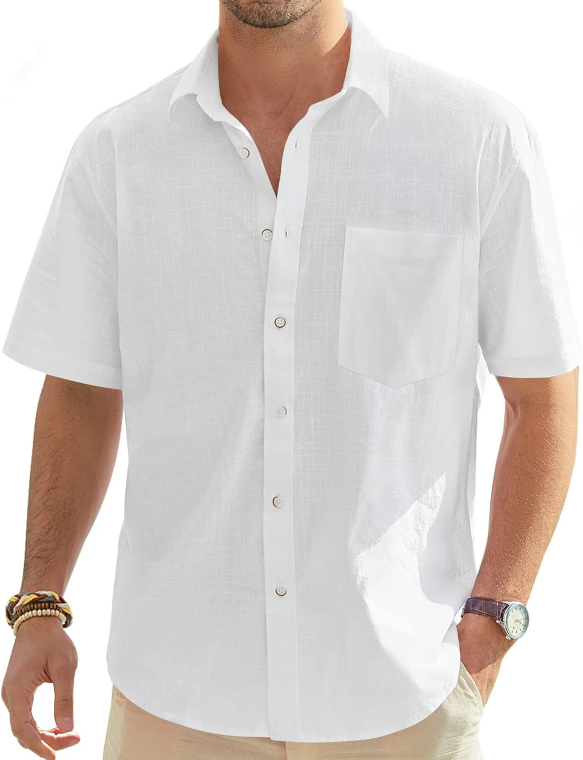 Men'S Short Sleeve Linen Shirt Regular Fit Casual Summer Beach Shirt with Pocket