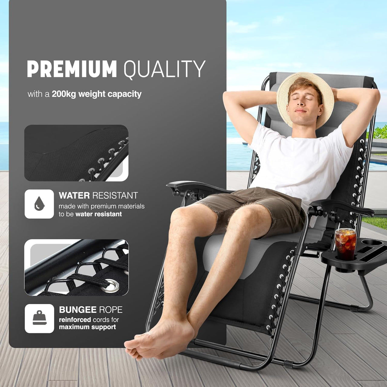 Set of 2 XXL Premium Heavy Duty Textoline Zero Gravity Chairs - Luxurious Garden Recliners, Adjustable Headrest, Cup & Phone Holder, Foldable & Easy to Clean Patio Sun Loungers (Grey)