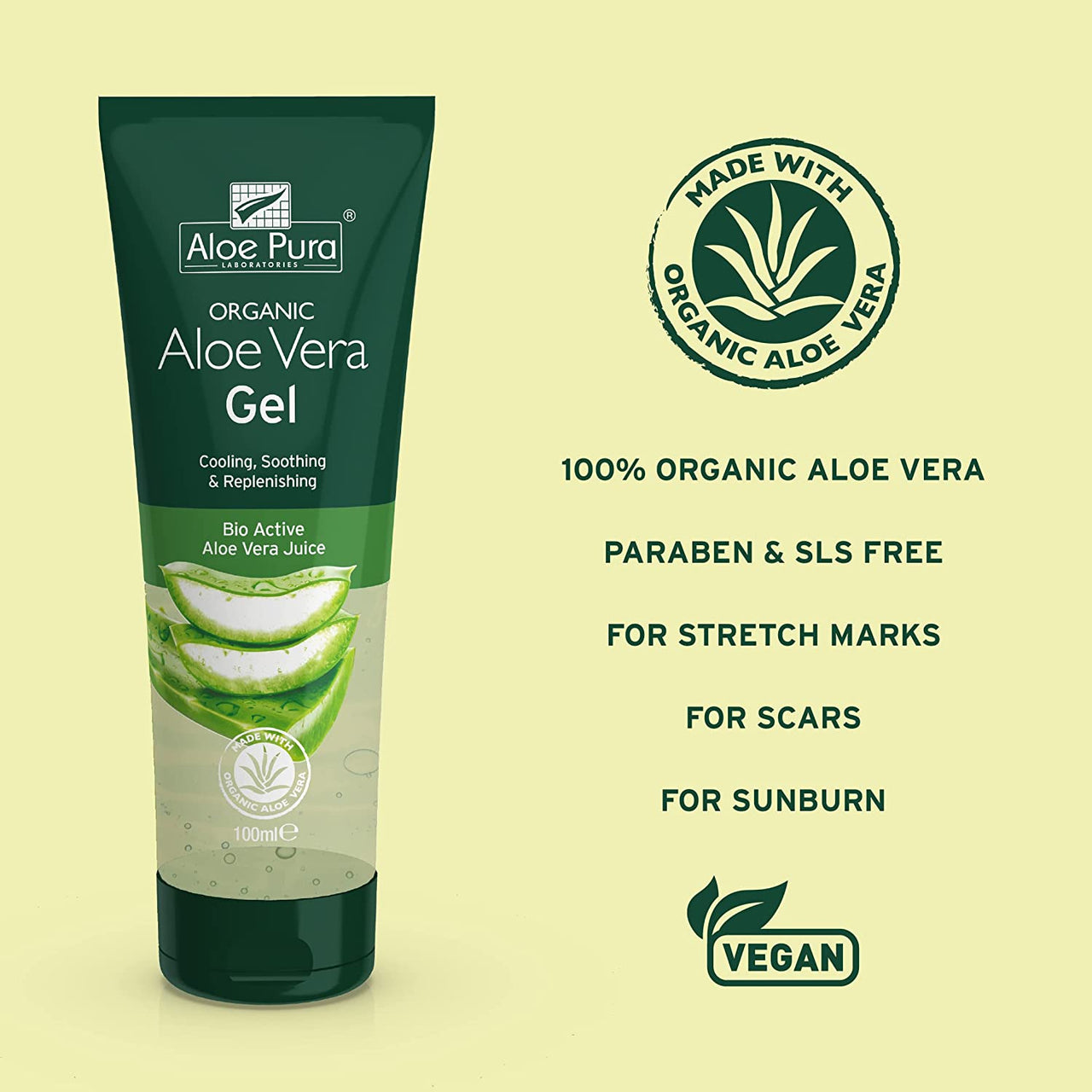 , Organic Aloe Vera Gel, Natural, Vegan, Cruelty Free, Paraben & SLS Free, Cooling, Soothing, 100Ml