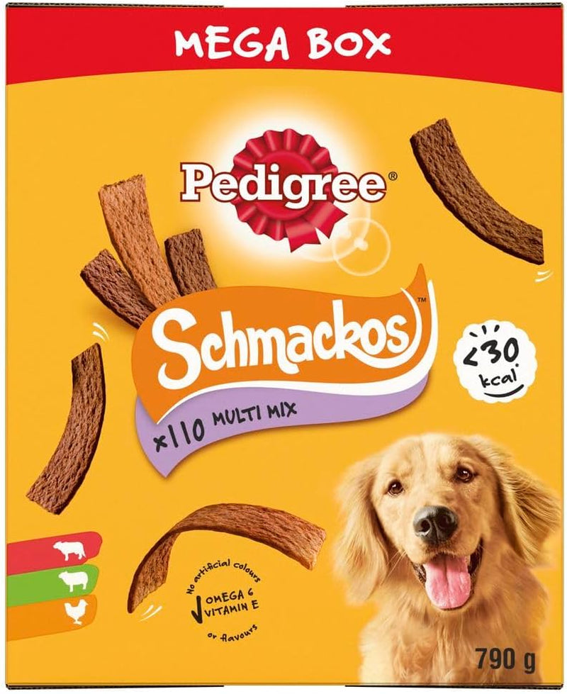 Schmackos Mega Pack 110 Strips Snacks, Dog Treat Multipack with Beef, Lamb and Poultry Flavours, 790 G (Pack of 1)