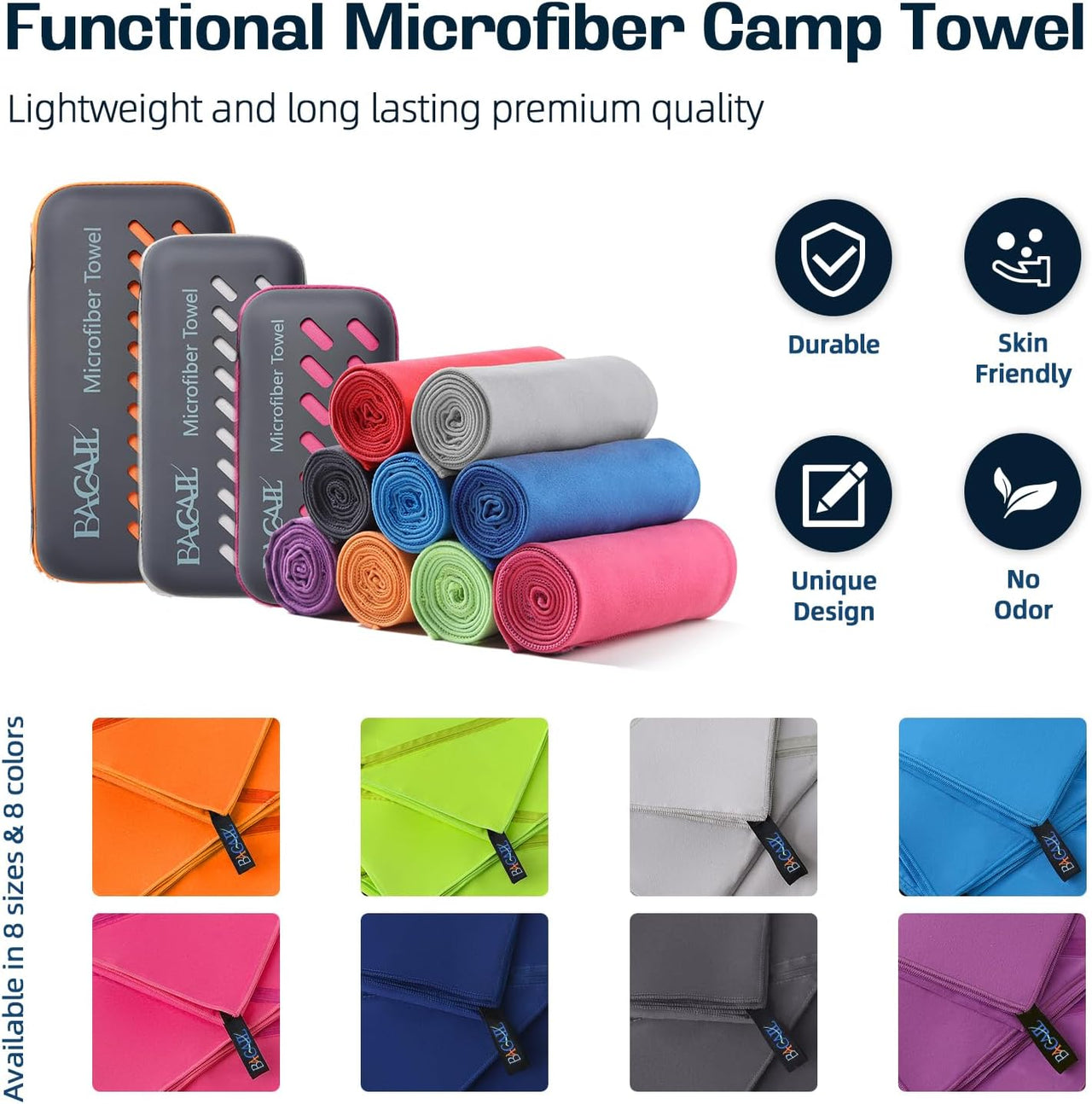 BAGAIL Microfibre Travel Towel, Perfect Camping Towel, Swimming Towel and Beach Towel, Quick Dry - Super Absorbent - Ultra Compact, Great for Sports, Gym, Yoga and Backpacking