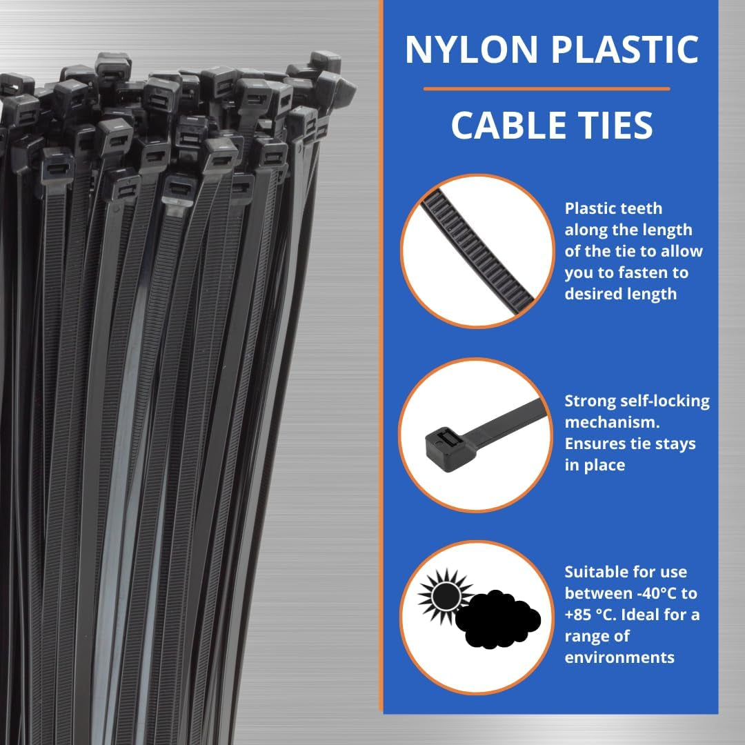 Black Cable Ties, 300Mm X 3.6Mm, Pack of 100, 12" Premium Nylon Zip Ties, Multi-Purpose Plastic Tie Wraps, Secure Self-Locking Mechanism, for Home, Garden, Office and DIY