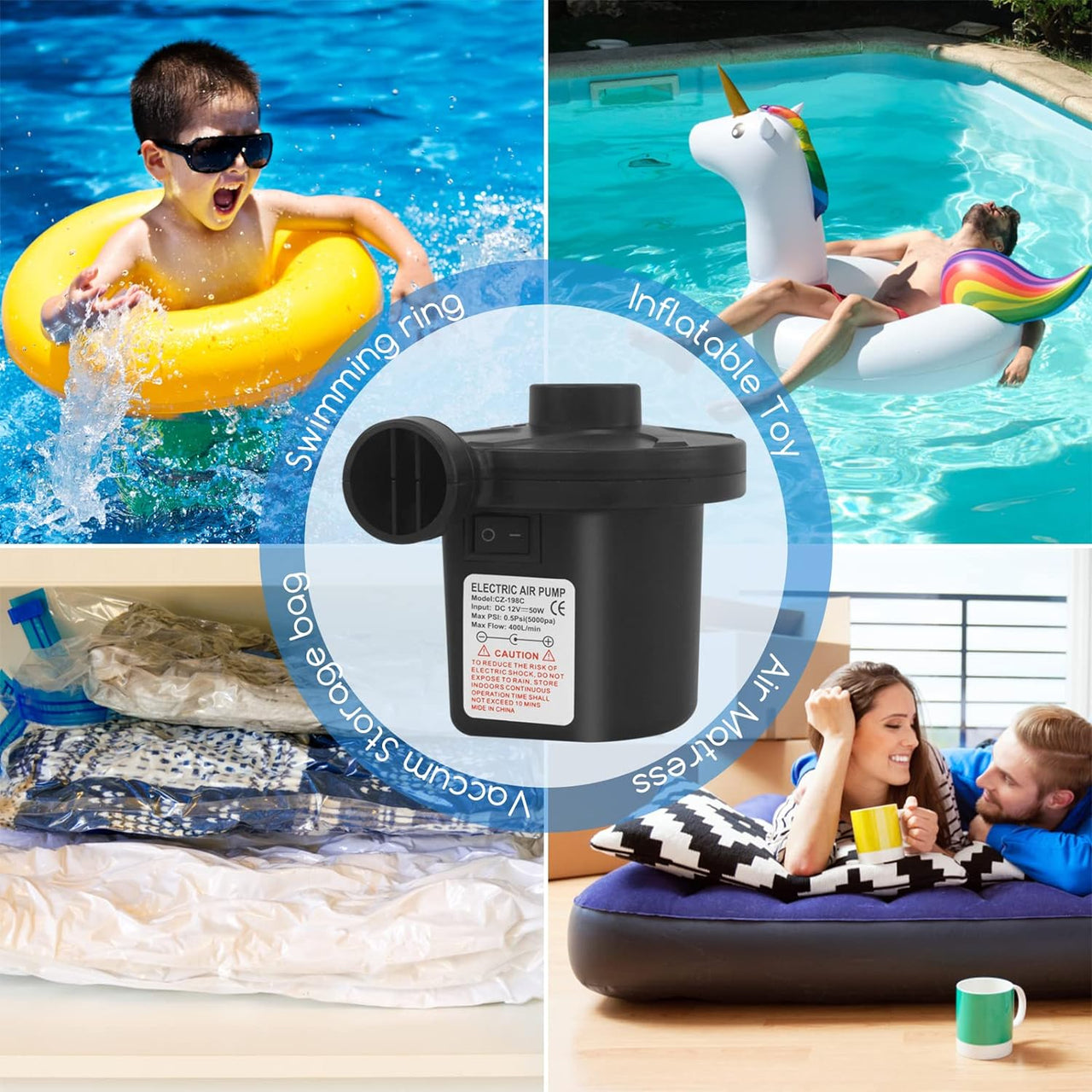 Electric Pump for Inflatables with 3 Nozzles, AC 240V/DC 12V 50W High Power Electric Air Pump for Air Bed Mattress Inflatables Paddling Pool Beach Toys, Fill Inflator Deflator