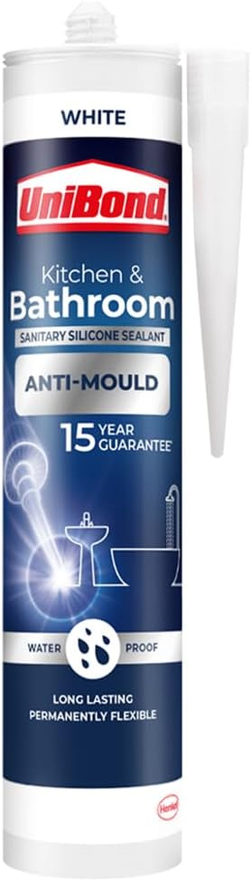 Anti-Mould White, Waterproof Mould Protection Kitchen & Bathroom Sealant, Long-Lasting White Silicone Sealant, Powerful Shower Sealant, 1 X 274G Cartridge