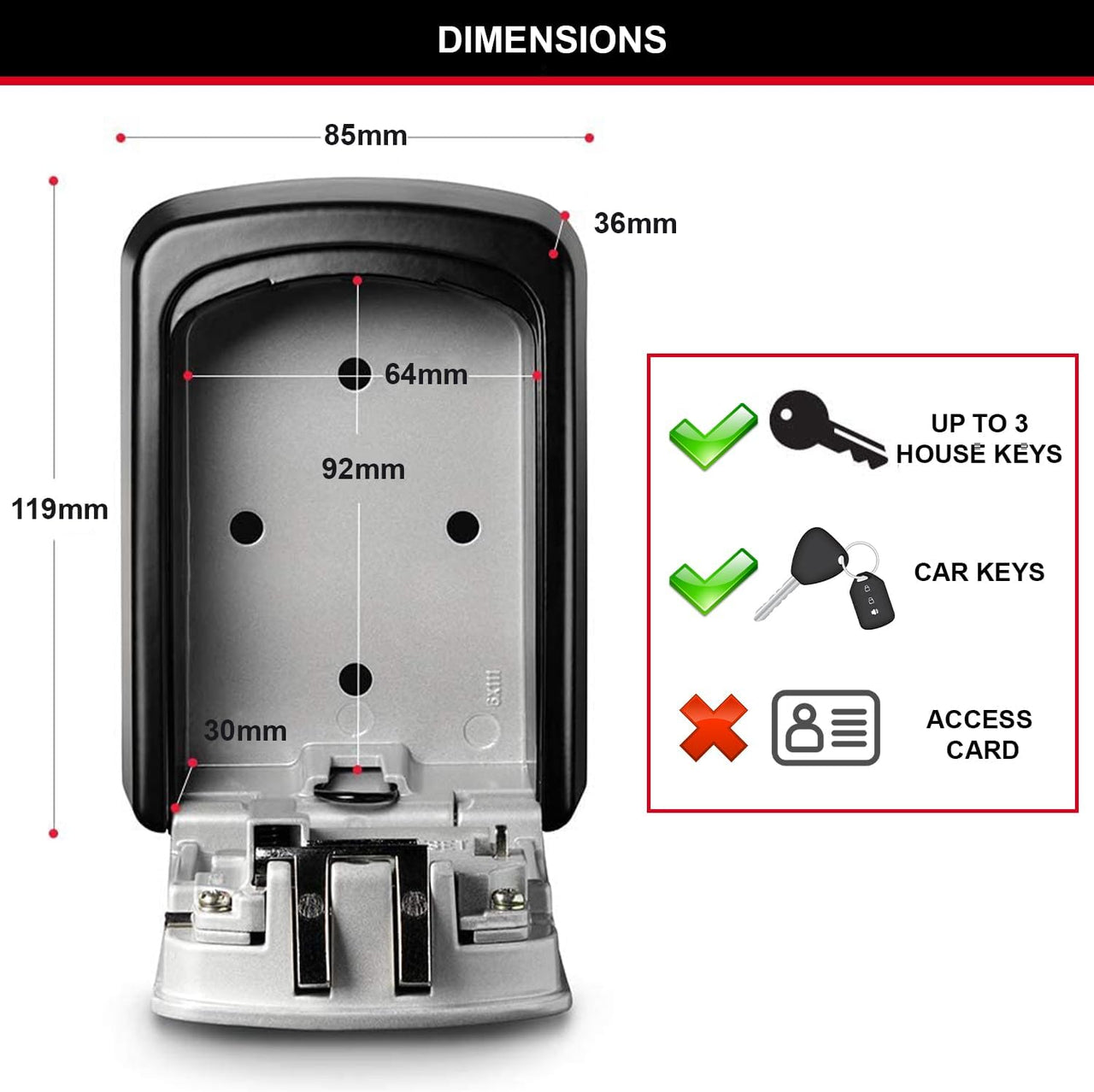 Key Safe Wall Mounted, Medium 85 X 119 X 36 Mm, Outdoor, Mounting Kit, for Home Office Industries Vehicles, Black & Silver