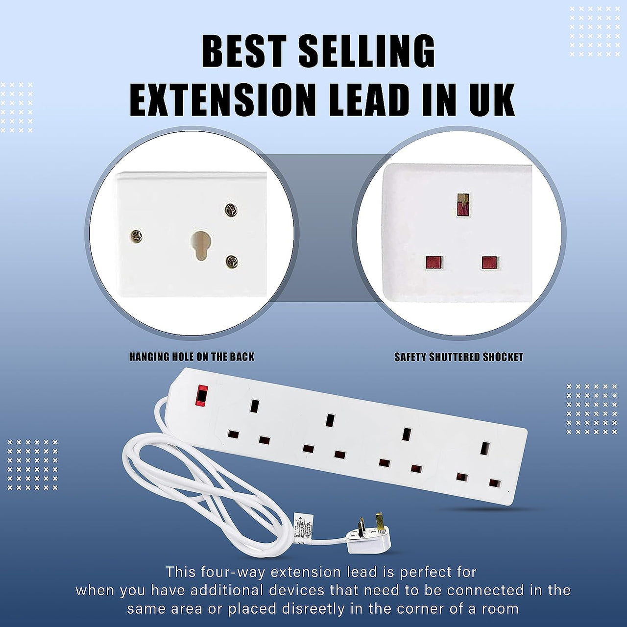 Heavy Duty Extension Lead UK Pin Plug and Cable, 4 Gang Way 2M Power Adapter, Multi Socket Mains Strip (White, 1 Pack)