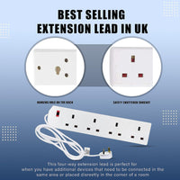 Thumbnail for Heavy Duty Extension Lead UK Pin Plug and Cable, 4 Gang Way 2M Power Adapter, Multi Socket Mains Strip (White, 1 Pack)