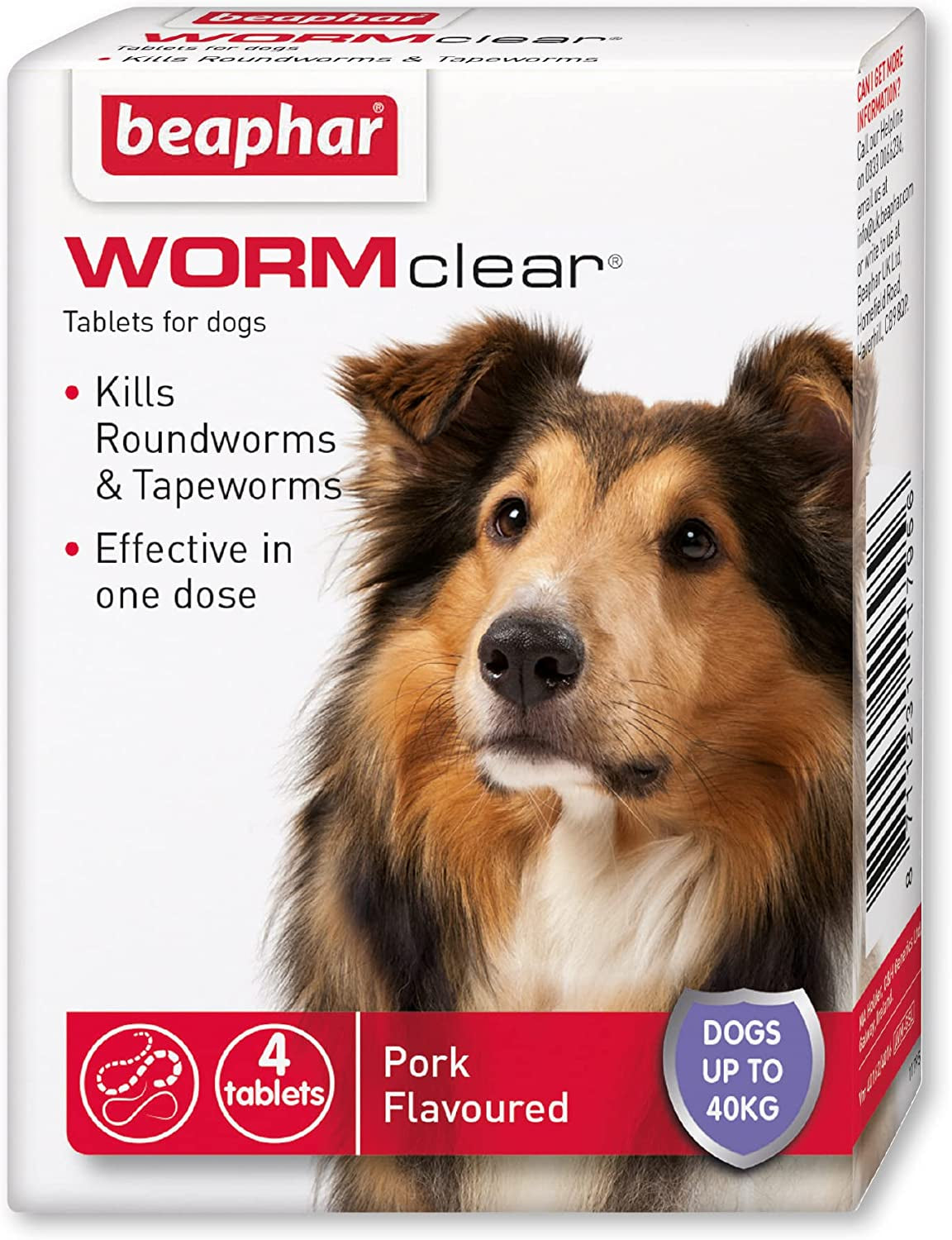 | Wormclear® Tablets for Dogs up to 40Kg | Kills All Common UK Intestinal Worms (Roundworms & Tapeworms) | Vet Strength Treatment | Pork-Flavoured | 4 Tablets