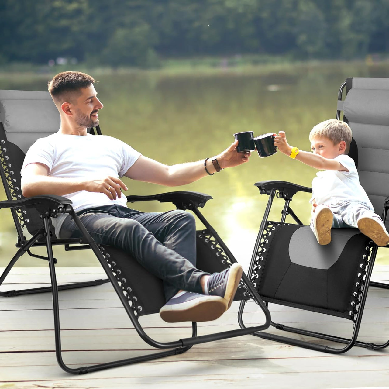 Set of 2 XXL Premium Heavy Duty Textoline Zero Gravity Chairs - Luxurious Garden Recliners, Adjustable Headrest, Cup & Phone Holder, Foldable & Easy to Clean Patio Sun Loungers (Grey)