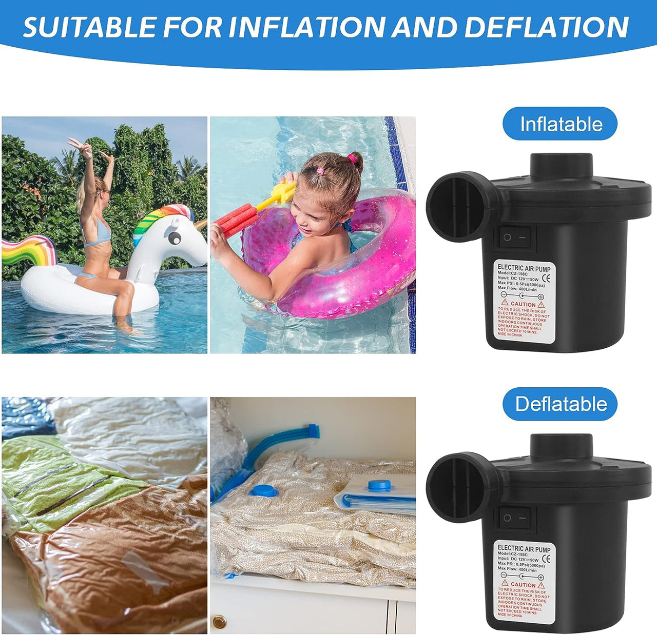 Electric Pump for Inflatables with 3 Nozzles, AC 240V/DC 12V 50W High Power Electric Air Pump for Air Bed Mattress Inflatables Paddling Pool Beach Toys, Fill Inflator Deflator