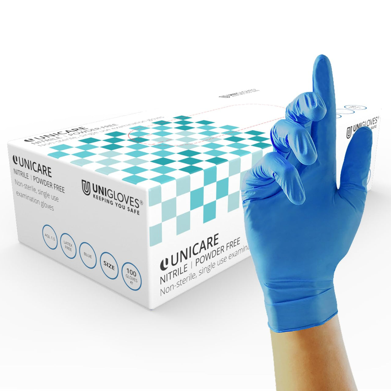 Unicare GS0033 Nitrile Examination - Multipurpose Powder Free Disposable Gloves, Box of 100 Gloves, Blue, Medium