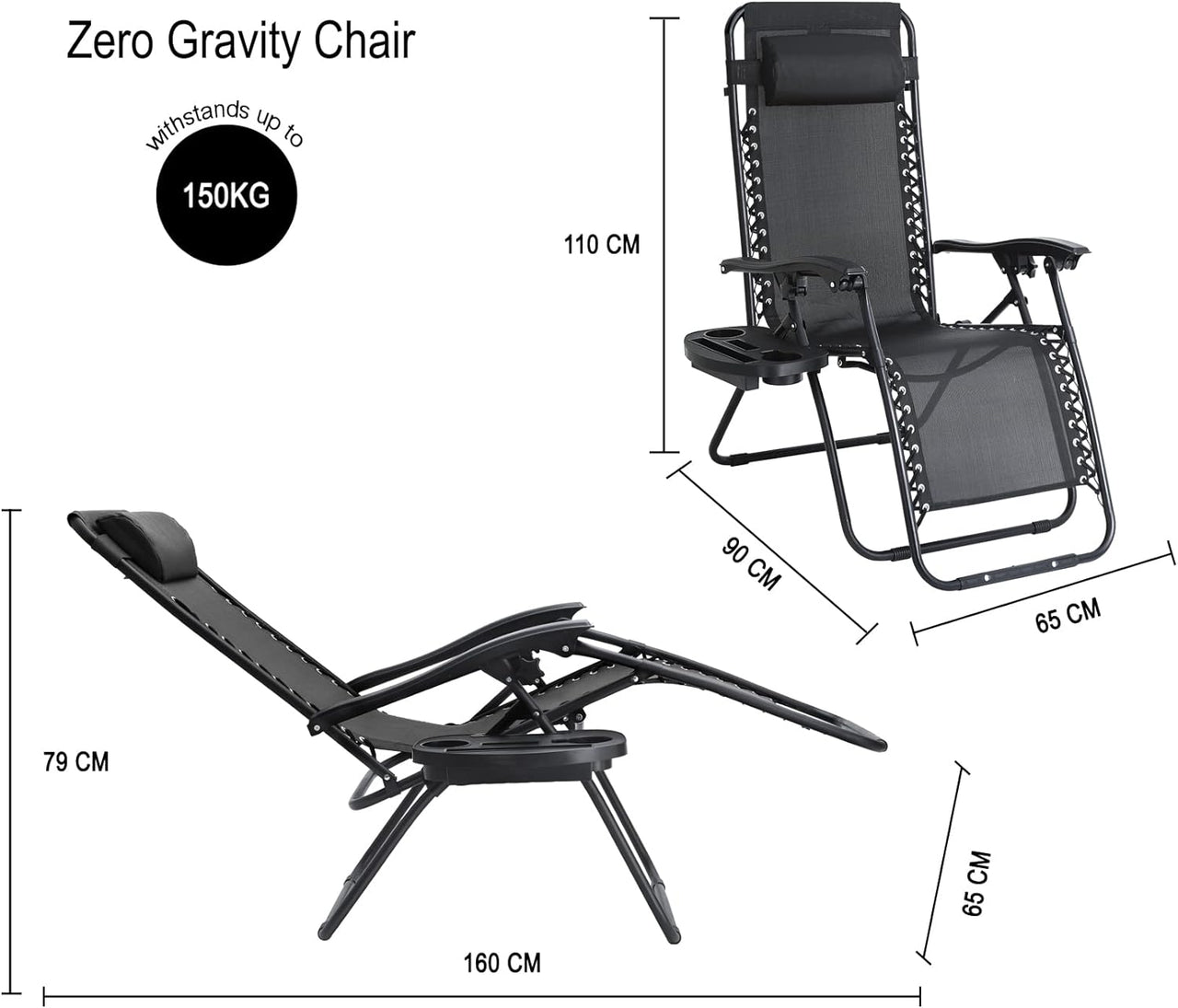 Garden | Zero Gravity Chair | Set of 2 | Heavy Duty Textoline | Outdoor & Garden Sunloungers | Reclining & Folding Chair with Cup Holder and Headrest Pillow