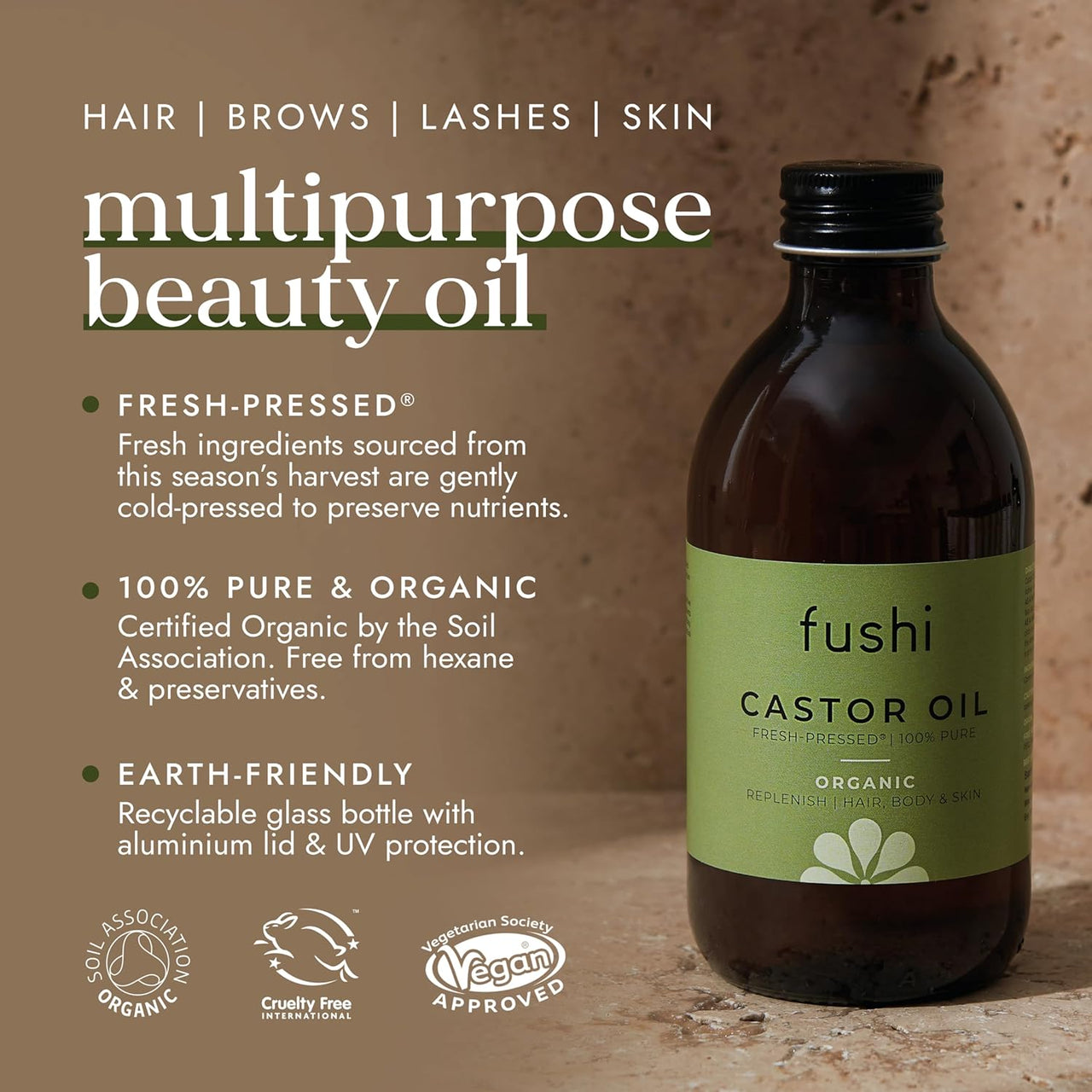 Organic Castor Oil 250Ml Glass Bottle 100% Pure Cold & Fresh-Pressed for Dry Skin & Hair Growth, Eyelashes & Eyebrows Hexane Free Natural Food-Grade Sustainably Sourced