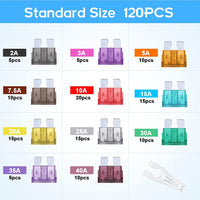 Thumbnail for 120Pcs Car Fuse Kit - Replacement Fuses Assortment Kit for Car/Rv/Truck/Motorcycle(2Amp 3A 5A 7.5A 10A 15A 20A 25A 30A 35A 40A) - Standard Blade Fuses Automotive + Auto Fuse Puller