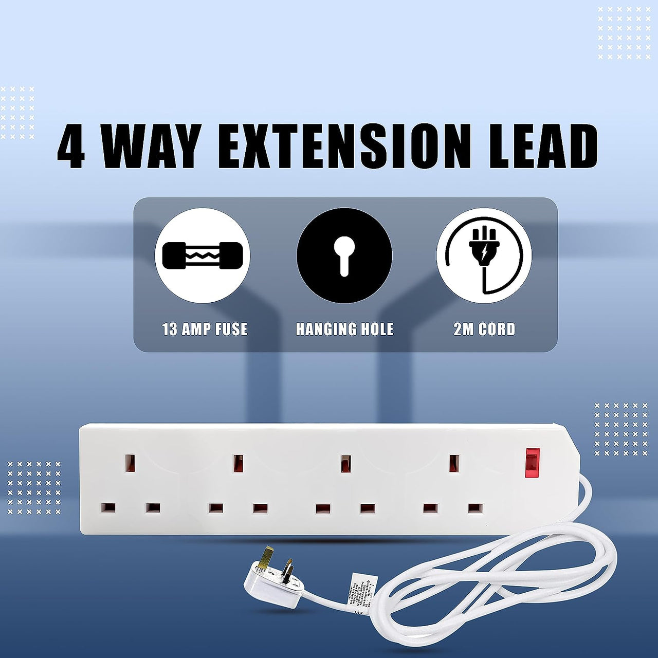 Heavy Duty Extension Lead UK Pin Plug and Cable, 4 Gang Way 2M Power Adapter, Multi Socket Mains Strip (White, 1 Pack)