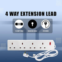 Thumbnail for Heavy Duty Extension Lead UK Pin Plug and Cable, 4 Gang Way 2M Power Adapter, Multi Socket Mains Strip (White, 1 Pack)