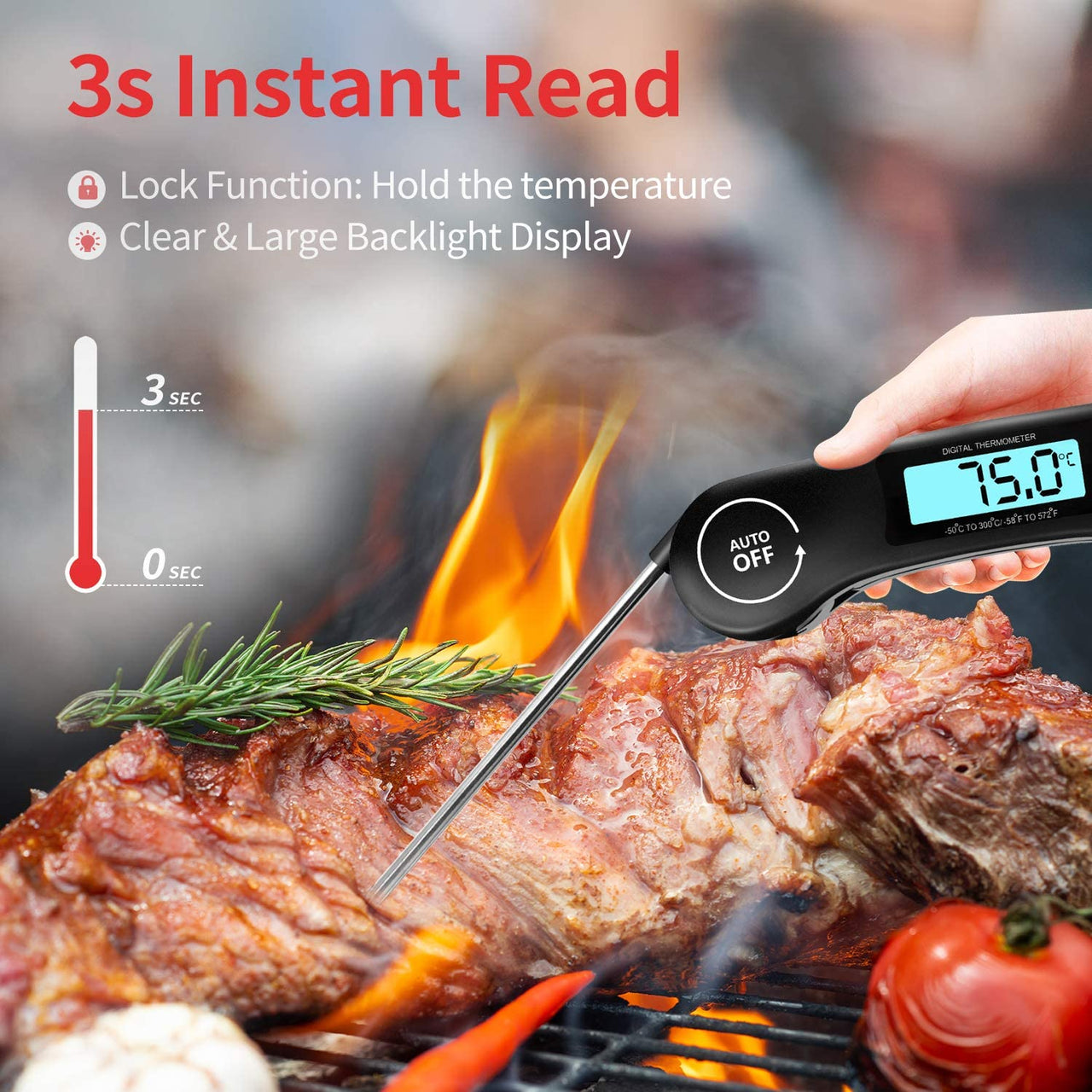 Digital Meat Thermometer, Instant Read Food Thermometer with Backlight LCD Screen, Foldable Long Probe & Auto On/Off, Perfect for Kitchen, BBQ, Water,Meat, Milk, Cooking Food (Black)